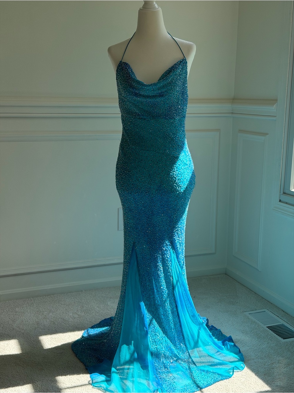 Vintage 2000’s Mermaid Beaded Aqua Blue Halter Mermaid Evening Dress